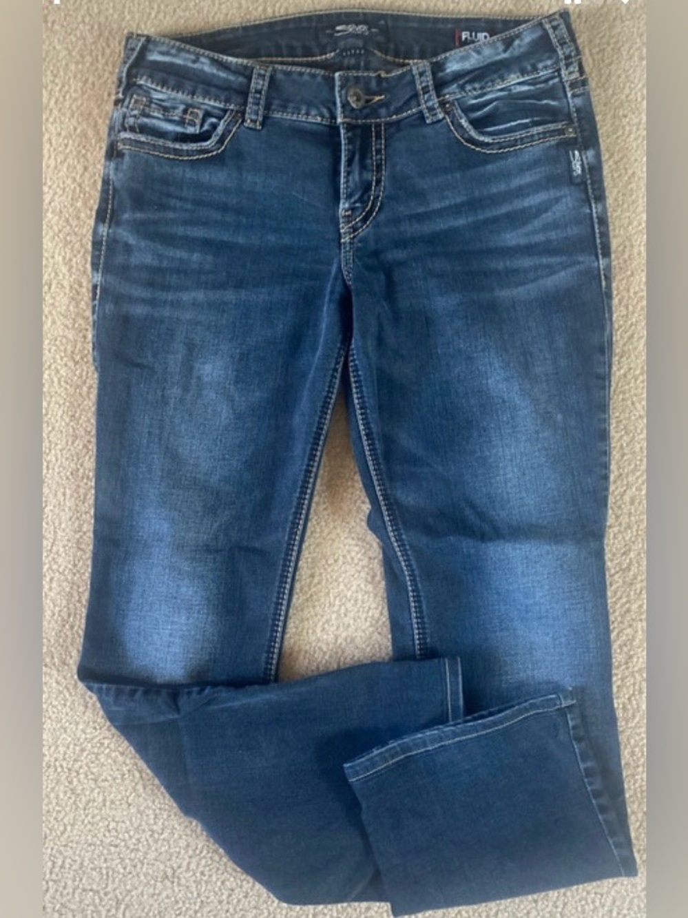 WAIST 34”. SILVER ELYSE MID SLIM BOOTCUT STRETCHY JEANS